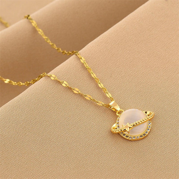 Non-Fading French Style Design Planet Opal Pendant Titanium Steel Necklace.